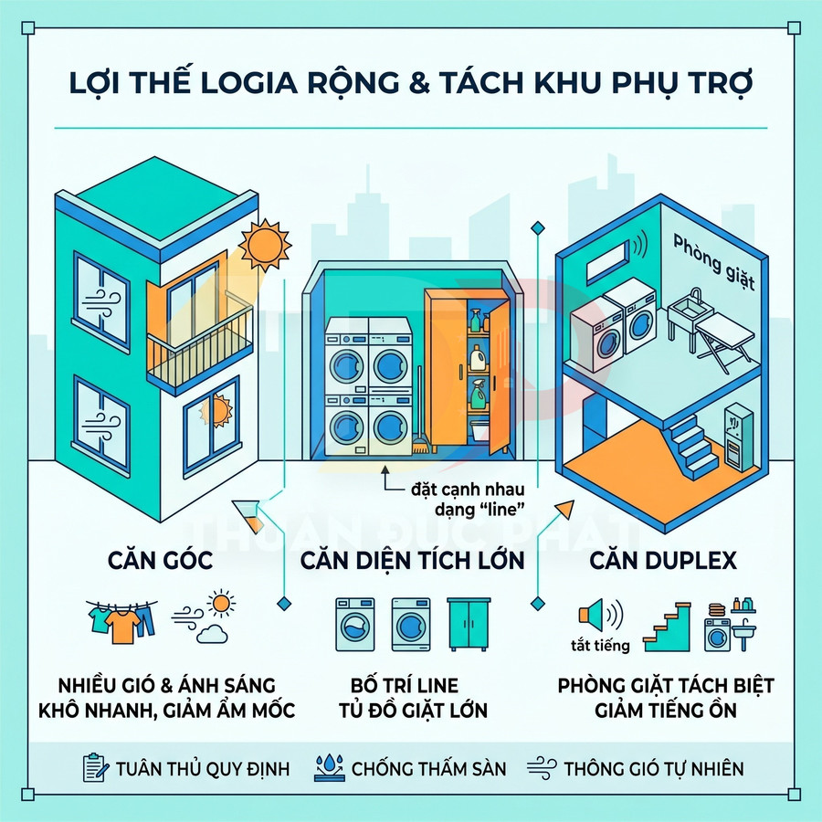Minh họa lợi thế logia rộng và phòng giặt tách biệt với máy giặt, máy sấy, tủ đồ trong căn hộ, giảm ẩm mốc và tiếng ồn
