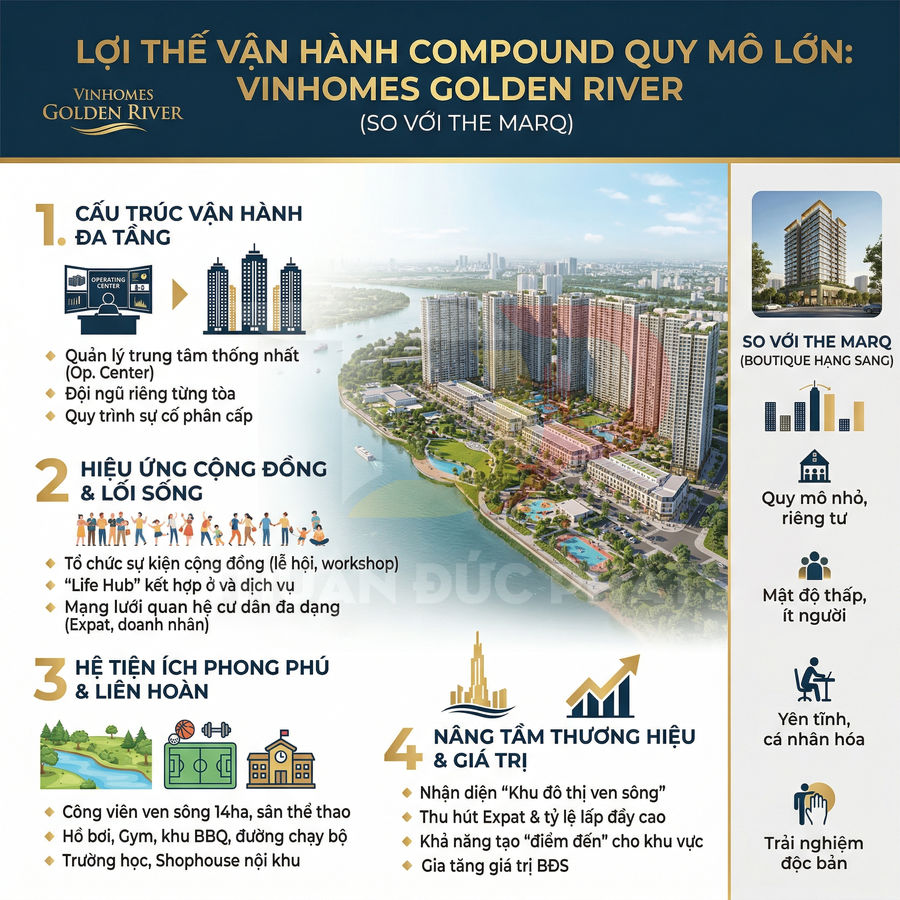 Infographic giới thiệu lợi thế vận hành và tiện ích khu đô thị Vinhomes Golden River bên sông Sài Gòn