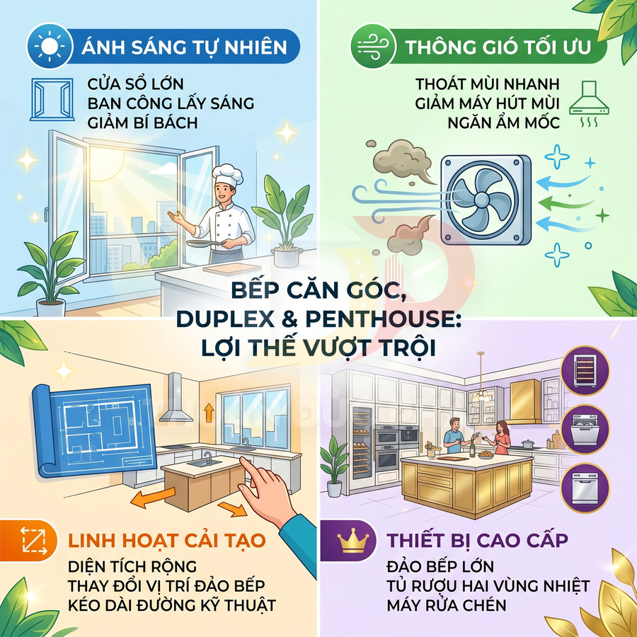 Infographic lợi thế bếp căn góc duplex penthouse với ánh sáng tự nhiên, thông gió tốt, linh hoạt cải tạo và thiết bị cao cấp