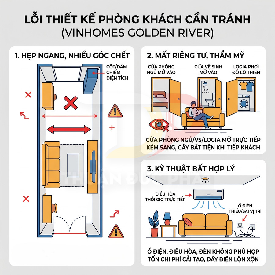 Các lỗi thiết kế phòng khách Vinhomes Golden River cần tránh về bố trí nội thất và kỹ thuật