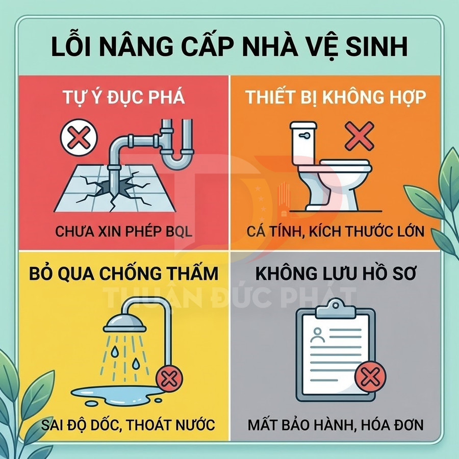 Infographic các lỗi thường gặp khi nâng cấp nhà vệ sinh như tự ý đục phá, chọn thiết bị không hợp, bỏ qua chống thấm