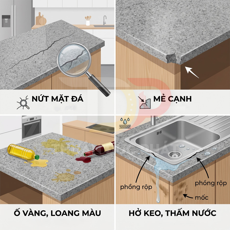 Minh họa các lỗi thường gặp trên mặt bàn bếp đá nhân tạo như nứt, mẻ cạnh, ố vàng và hở keo thấm nước