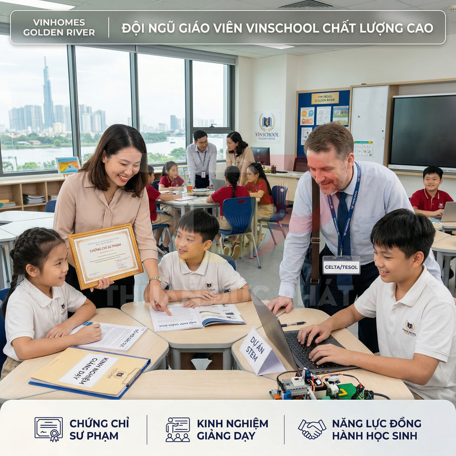 Giáo viên Vinschool hướng dẫn học sinh tiểu học làm dự án STEM với laptop và robot trong lớp học hiện đại