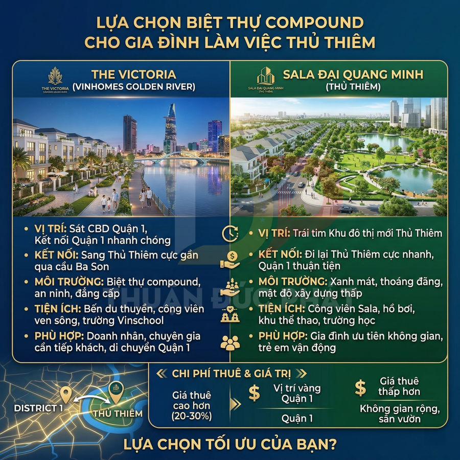 So sánh biệt thự compound The Victoria Vinhomes Golden River và Sala Đại Quang Minh Thủ Thiêm