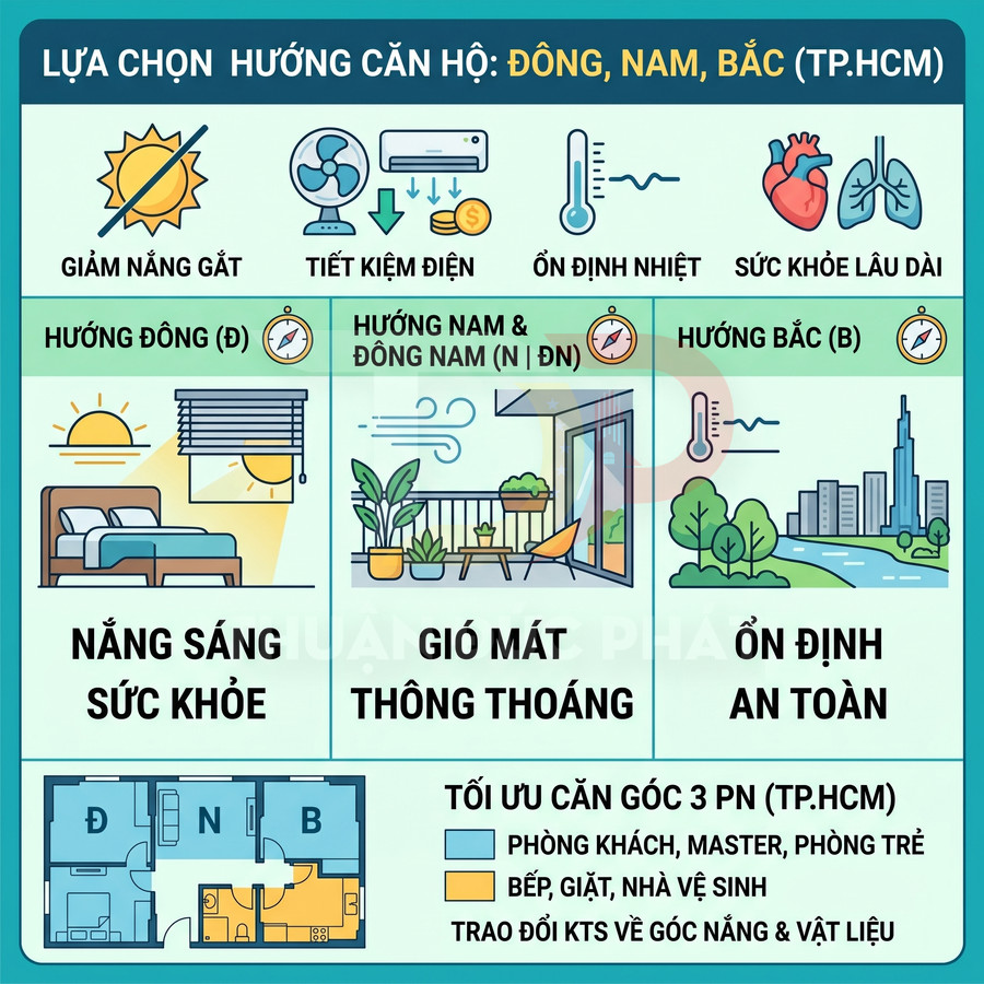 Infographic tư vấn chọn hướng căn hộ Đông Nam Bắc tại TP HCM với lợi ích nắng sáng, gió mát, ổn định nhiệt