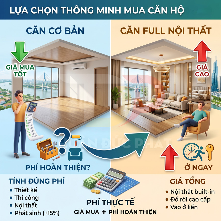 So sánh căn hộ cơ bản chưa nội thất và căn hộ full nội thất cao cấp, minh họa chi phí và lợi ích khi mua