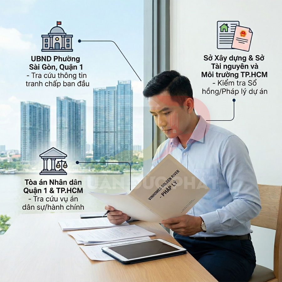 Người đàn ông đang xem hồ sơ pháp lý dự án bất động sản bên cửa sổ, trên bàn có điện thoại và máy tính bảng