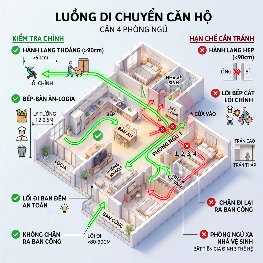Sơ đồ luồng di chuyển tối ưu trong căn hộ 4 phòng ngủ với hành lang thoáng và lối ra ban công an toàn