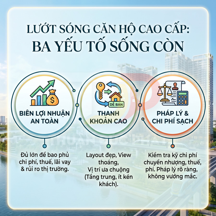 Infographic ba yếu tố sống còn khi lướt sóng căn hộ cao cấp: lợi nhuận an toàn, thanh khoản cao, pháp lý và chi phí sạch