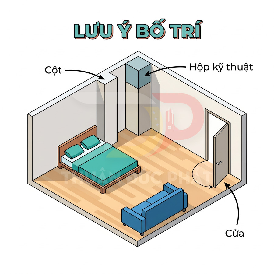 Minh họa bố trí phòng ngủ với giường, sofa, cột, hộp kỹ thuật và cửa ra vào
