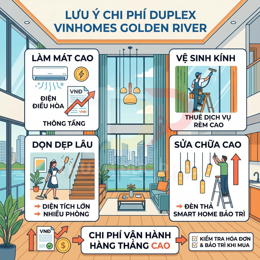 Minh họa chi phí vận hành căn hộ duplex Vinhomes Golden River với làm mát, vệ sinh kính, dọn dẹp và sửa chữa cao