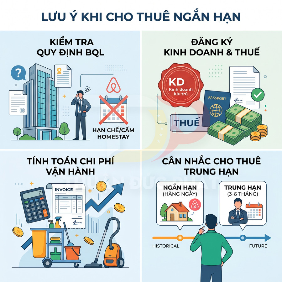 Lưu ý quan trọng khi cho thuê căn hộ ngắn hạn và trung hạn, kiểm tra quy định, chi phí, đăng ký kinh doanh và thuế