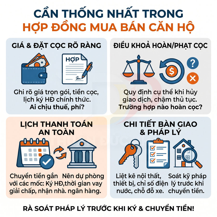 Các lưu ý khi ký hợp đồng mua bán căn hộ về giá, đặt cọc, thanh toán, bàn giao và pháp lý