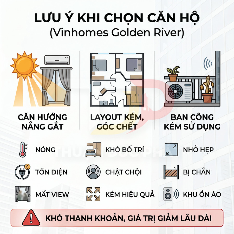 Lưu ý khi chọn căn hộ Vinhomes Golden River với nhược điểm hướng nắng gắt, layout kém, ban công khó sử dụng