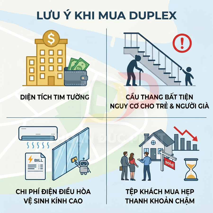 Lưu ý khi mua căn hộ duplex về diện tích tim tường, cầu thang, chi phí điện điều hòa và thanh khoản thị trường