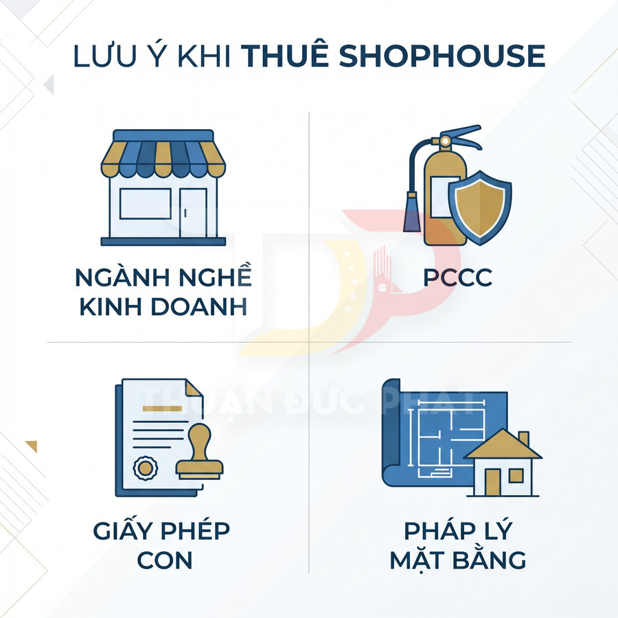 Lưu ý quan trọng khi thuê shophouse về ngành nghề kinh doanh, PCCC, giấy phép con và pháp lý mặt bằng