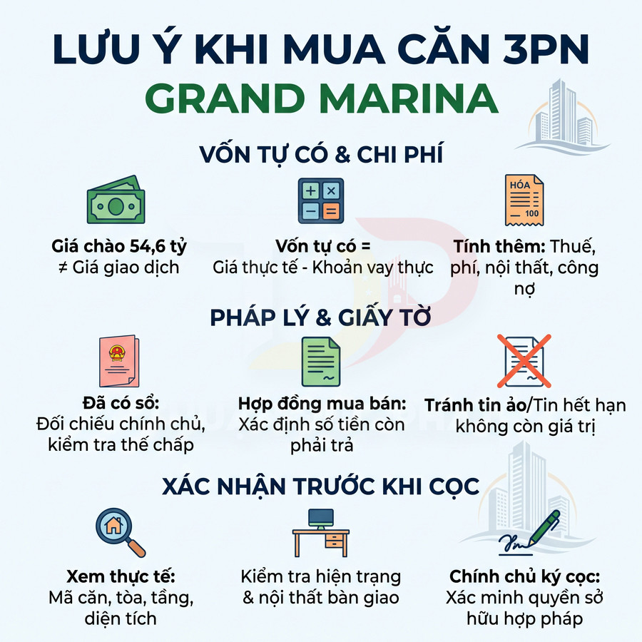 Lưu ý khi mua căn hộ 3 phòng ngủ Grand Marina về vốn, pháp lý, giấy tờ và xác nhận trước khi đặt cọc