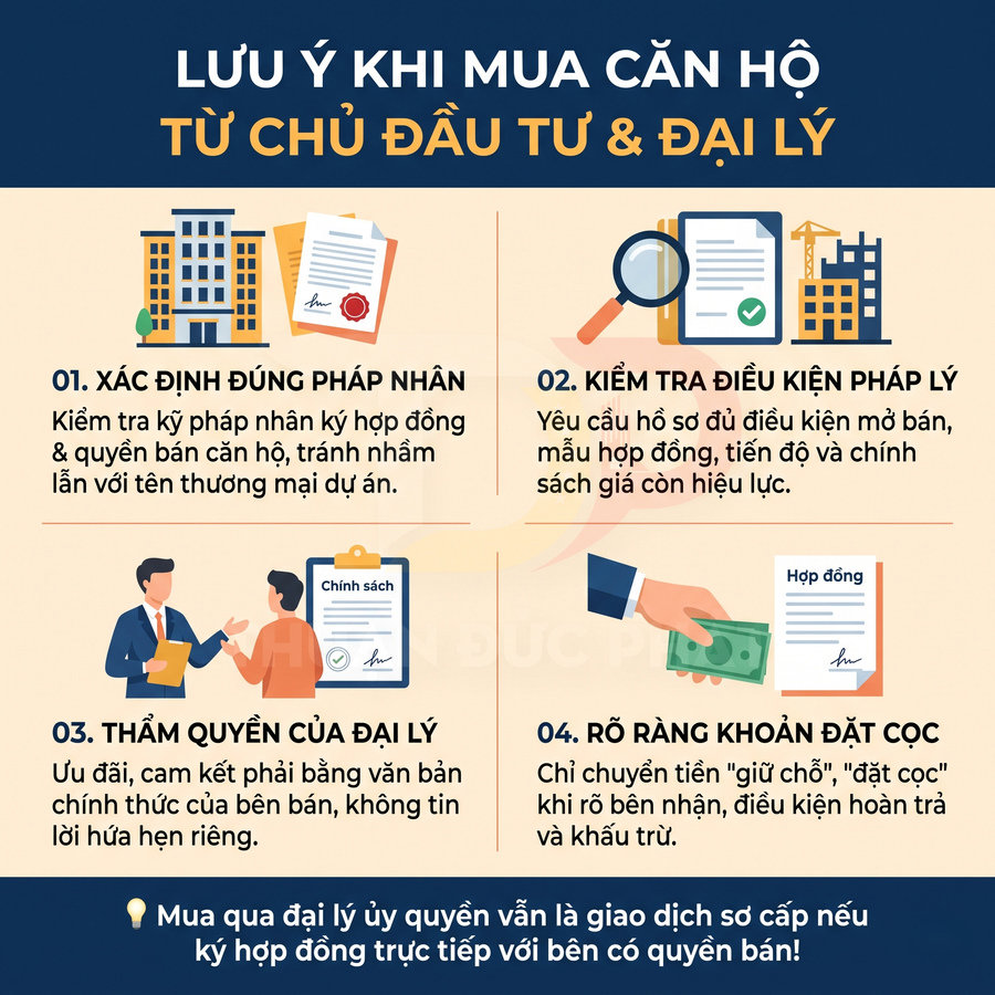 Bốn lưu ý khi mua căn hộ từ chủ đầu tư và đại lý về pháp nhân, điều kiện pháp lý, thẩm quyền đại lý và tiền đặt cọc