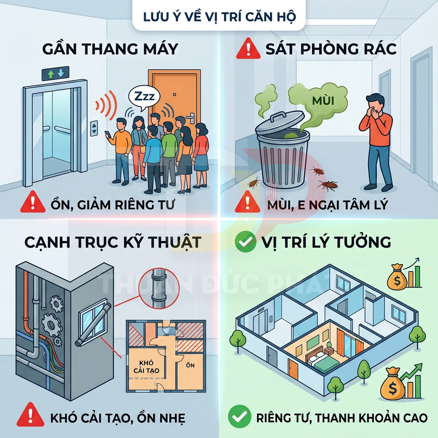 Minh họa các vị trí căn hộ nên tránh gần thang máy, phòng rác, trục kỹ thuật và vị trí căn hộ lý tưởng riêng tư