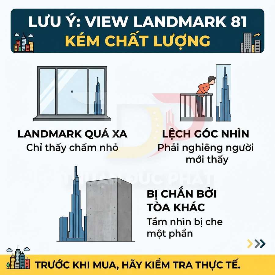 Infographic cảnh báo view Landmark 81 kém chất lượng do quá xa, lệch góc nhìn hoặc bị tòa nhà khác che khuất