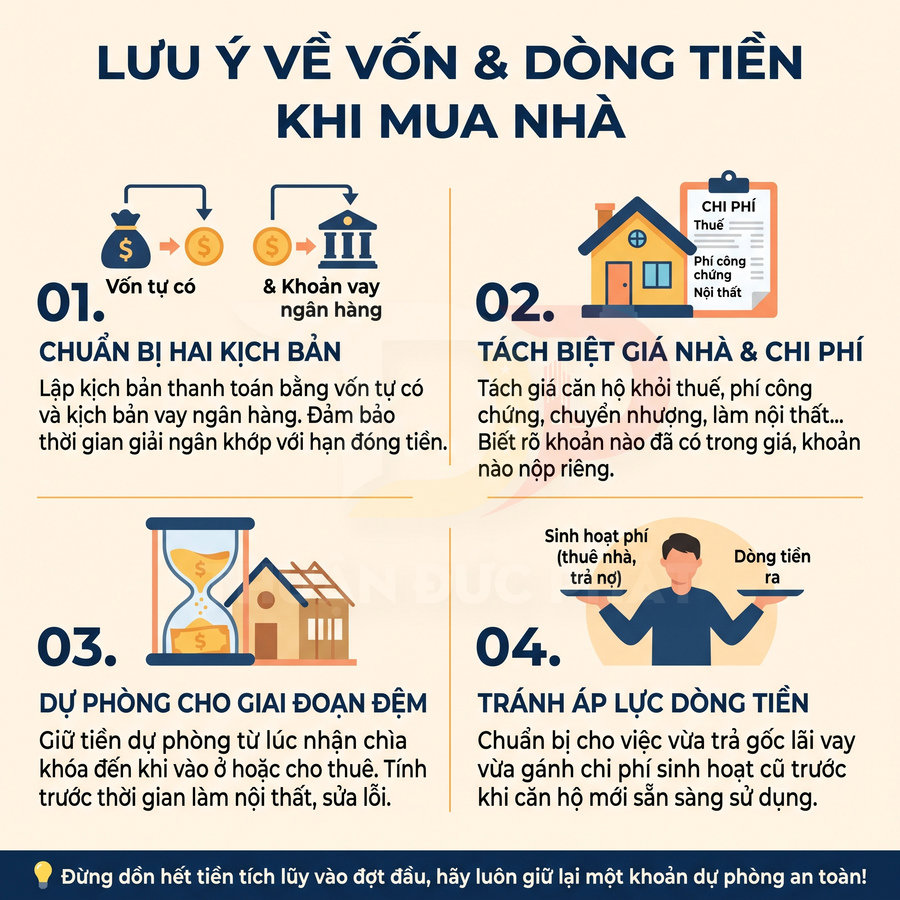 Lưu ý về vốn và dòng tiền khi mua nhà với bốn lời khuyên về khoản vay, chi phí, dự phòng và sinh hoạt phí