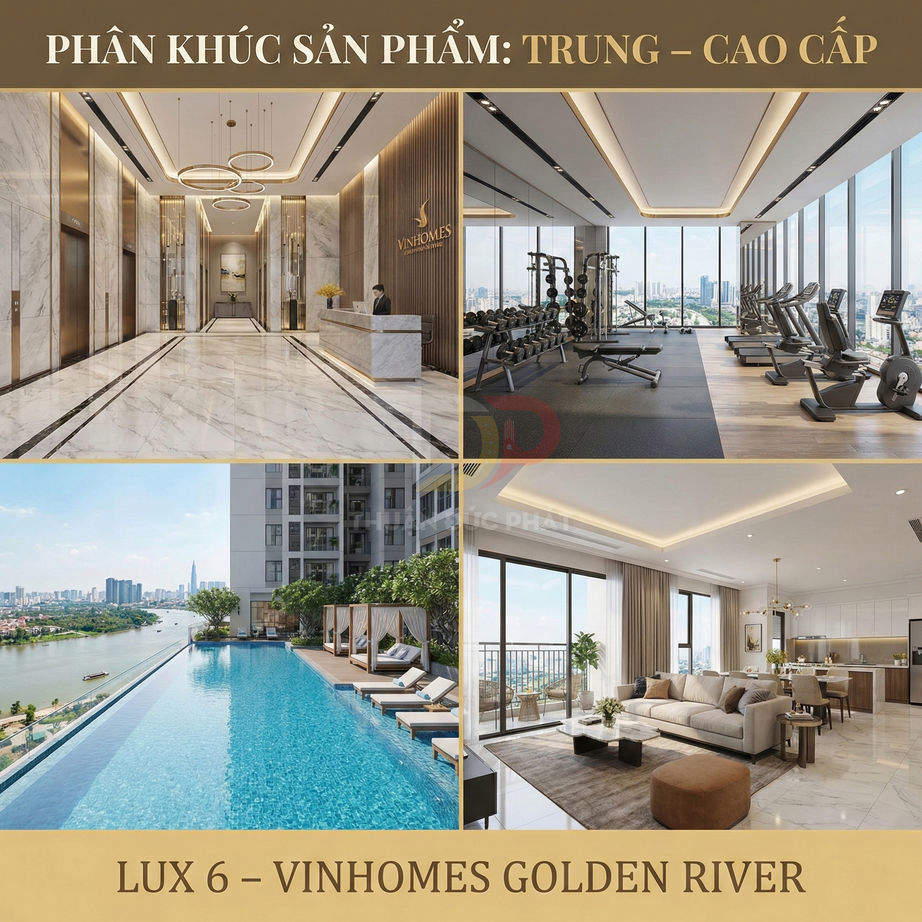 Căn hộ cao cấp LUX 6 Vinhomes Golden River với sảnh sang trọng, phòng gym, hồ bơi vô cực và phòng khách hiện đại