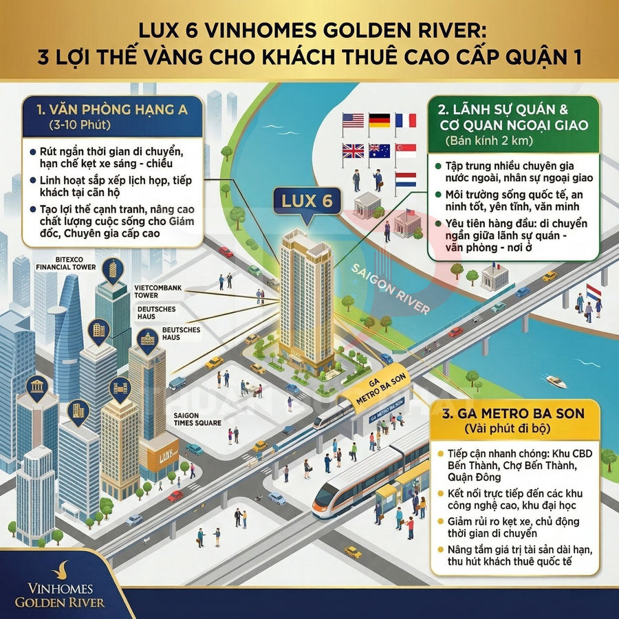 Infographic giới thiệu tòa căn hộ LUX 6 Vinhomes Golden River gần sông Sài Gòn và ga metro Ba Son