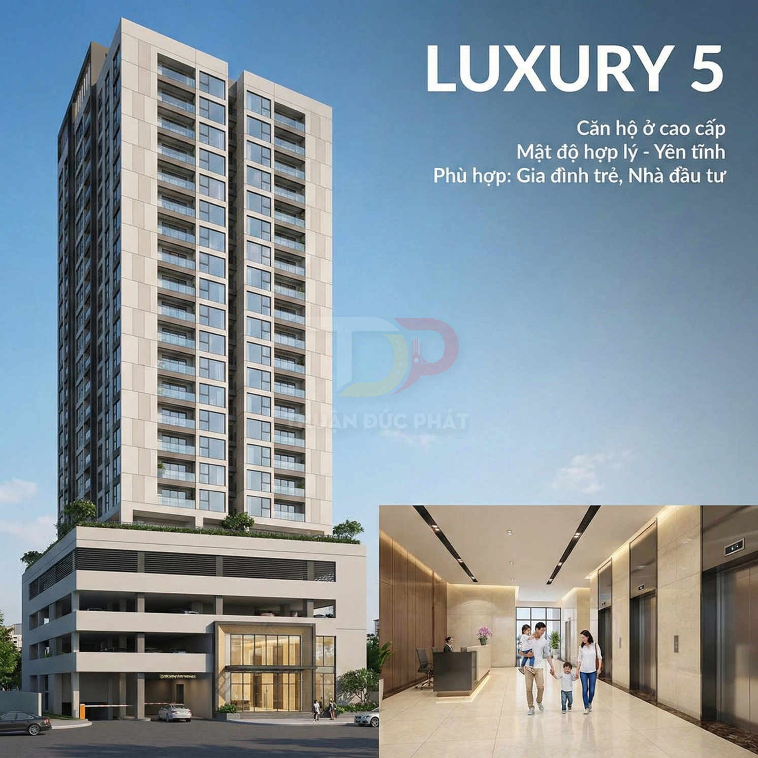 Phối cảnh tòa nhà chung cư cao tầng Luxury 5 và sảnh thang máy hiện đại cho gia đình trẻ