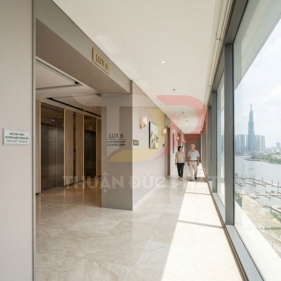 Sảnh thang máy LUX 6 cao cấp với cửa thang máy inox và hành lang kính nhìn ra thành phố