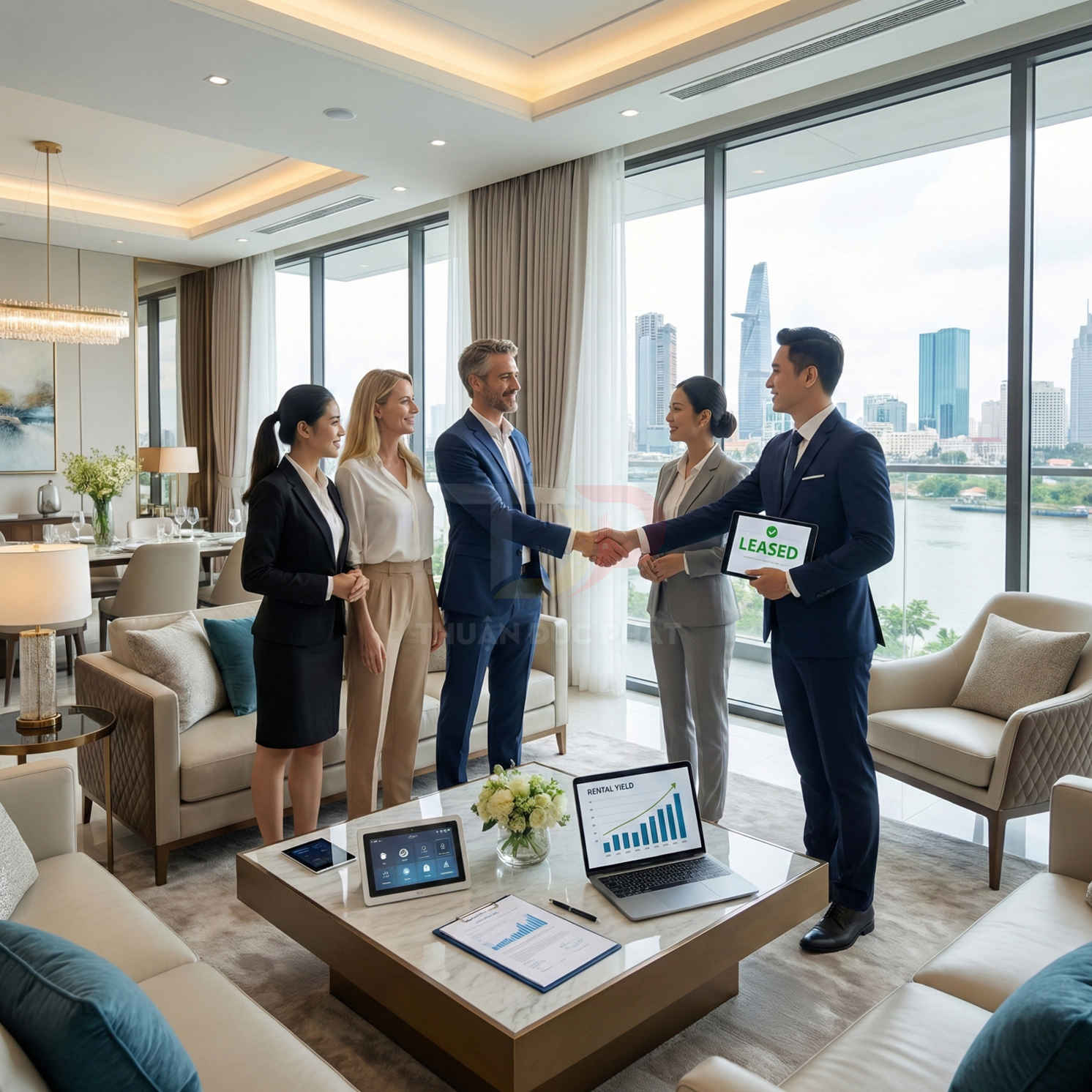 Nhân viên môi giới bàn giao căn hộ cao cấp đã cho thuê, khách hàng bắt tay ký hợp đồng trong phòng khách sang trọng