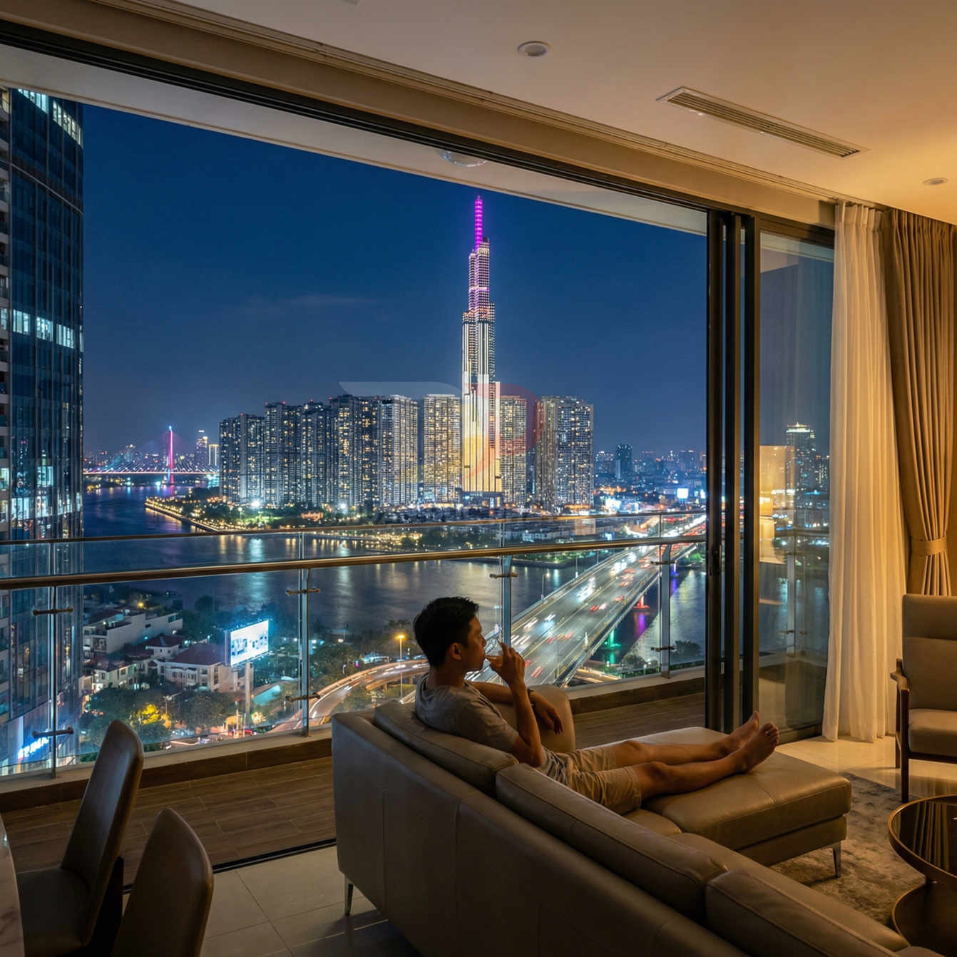 Căn hộ cao cấp với sofa hiện đại, view Landmark 81 và thành phố Sài Gòn về đêm qua cửa kính rộng