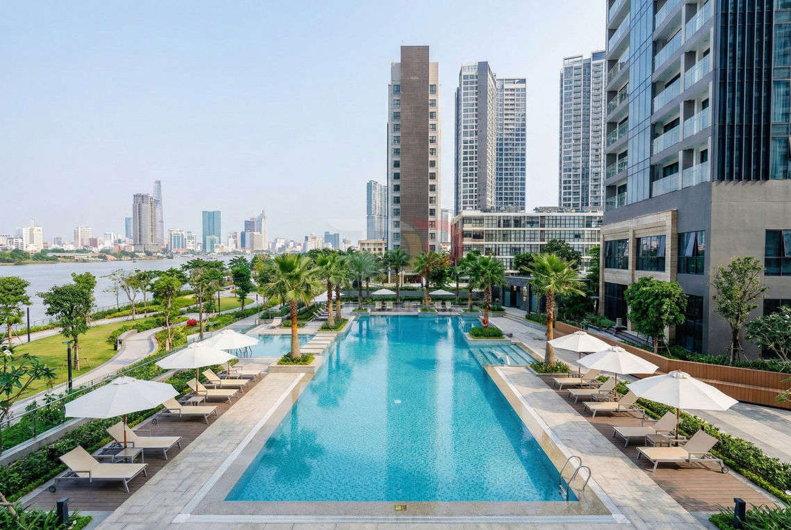 Hồ bơi ngoài trời cao cấp với ghế tắm nắng và ô trắng giữa khu căn hộ cao tầng hiện đại bên sông