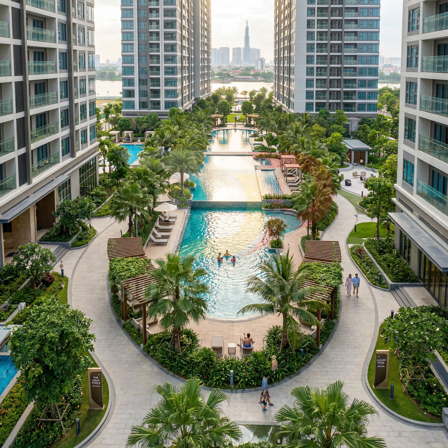Hồ bơi ngoài trời giữa khu căn hộ cao cấp với cây xanh, ghế tắm nắng và cư dân đang bơi thư giãn