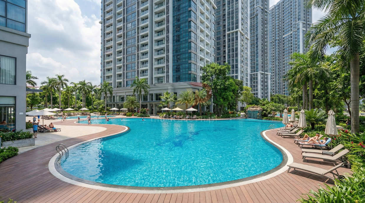 Hồ bơi ngoài trời rộng trong khu căn hộ cao cấp với ghế tắm nắng và cây xanh xung quanh