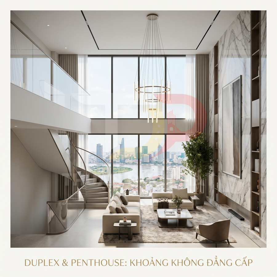 Phòng khách duplex cao cấp với trần thông tầng, cửa kính lớn view thành phố và nội thất sang trọng