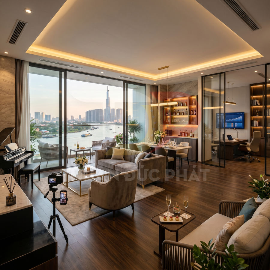 Phòng khách căn hộ cao cấp với sofa, bàn trà, quầy bar rượu và cửa kính lớn nhìn ra sông và skyline thành phố