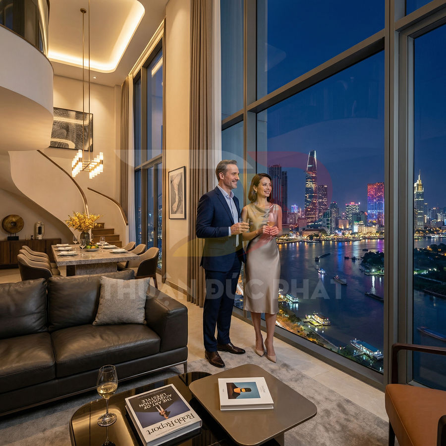 Căn hộ penthouse sang trọng với phòng khách hiện đại và tầm nhìn toàn cảnh thành phố về đêm