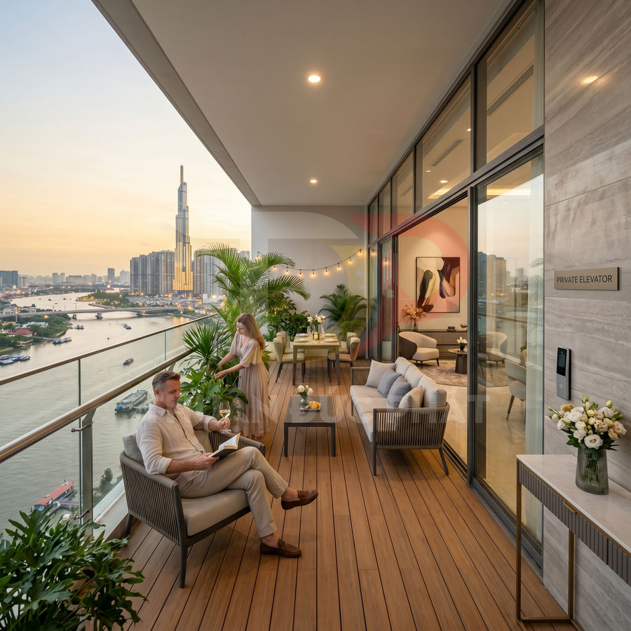 Ban công căn hộ cao cấp lát gỗ với sofa ngoài trời, cây xanh và view sông thành phố lúc hoàng hôn
