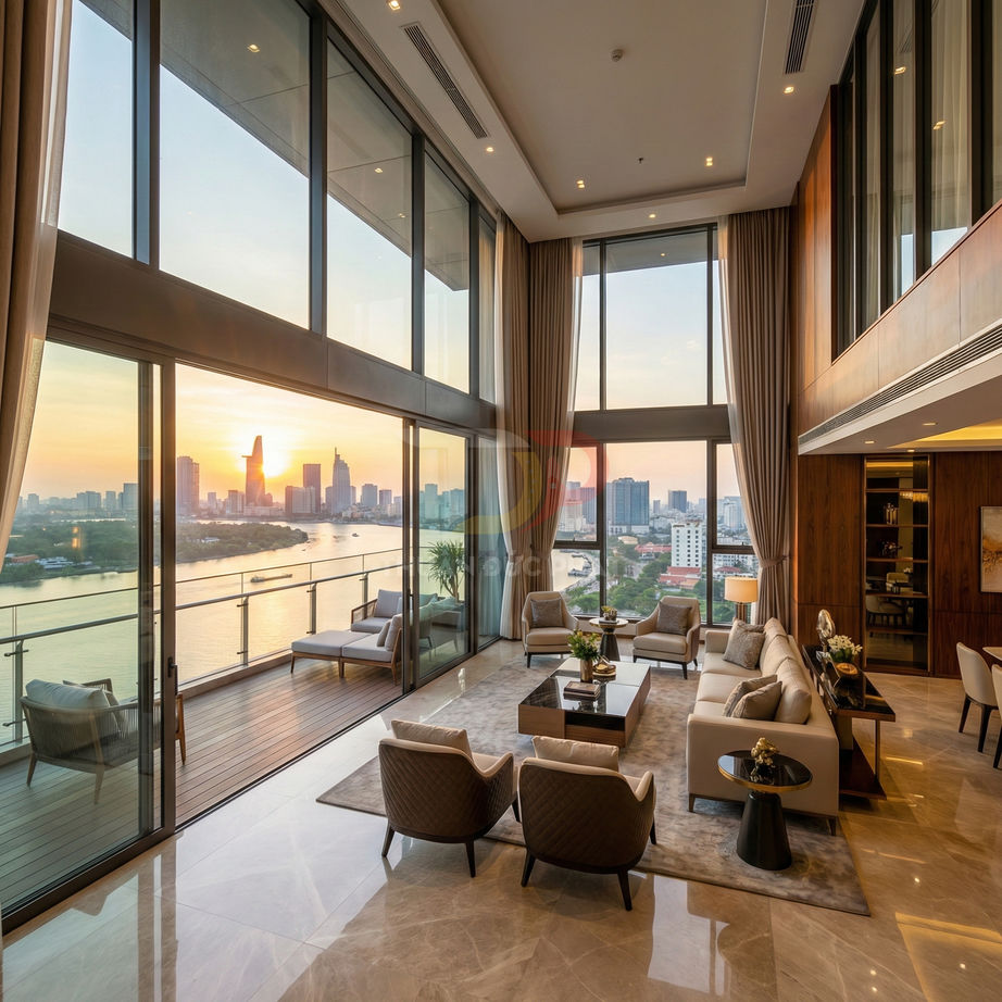 Phòng khách căn hộ cao cấp với cửa kính lớn, nội thất sang trọng và ban công nhìn ra sông lúc hoàng hôn