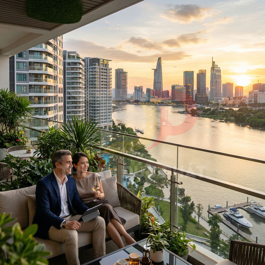 Căn hộ cao cấp view sông và skyline thành phố, ban công rộng nhiều cây xanh, bàn ghế sofa sang trọng