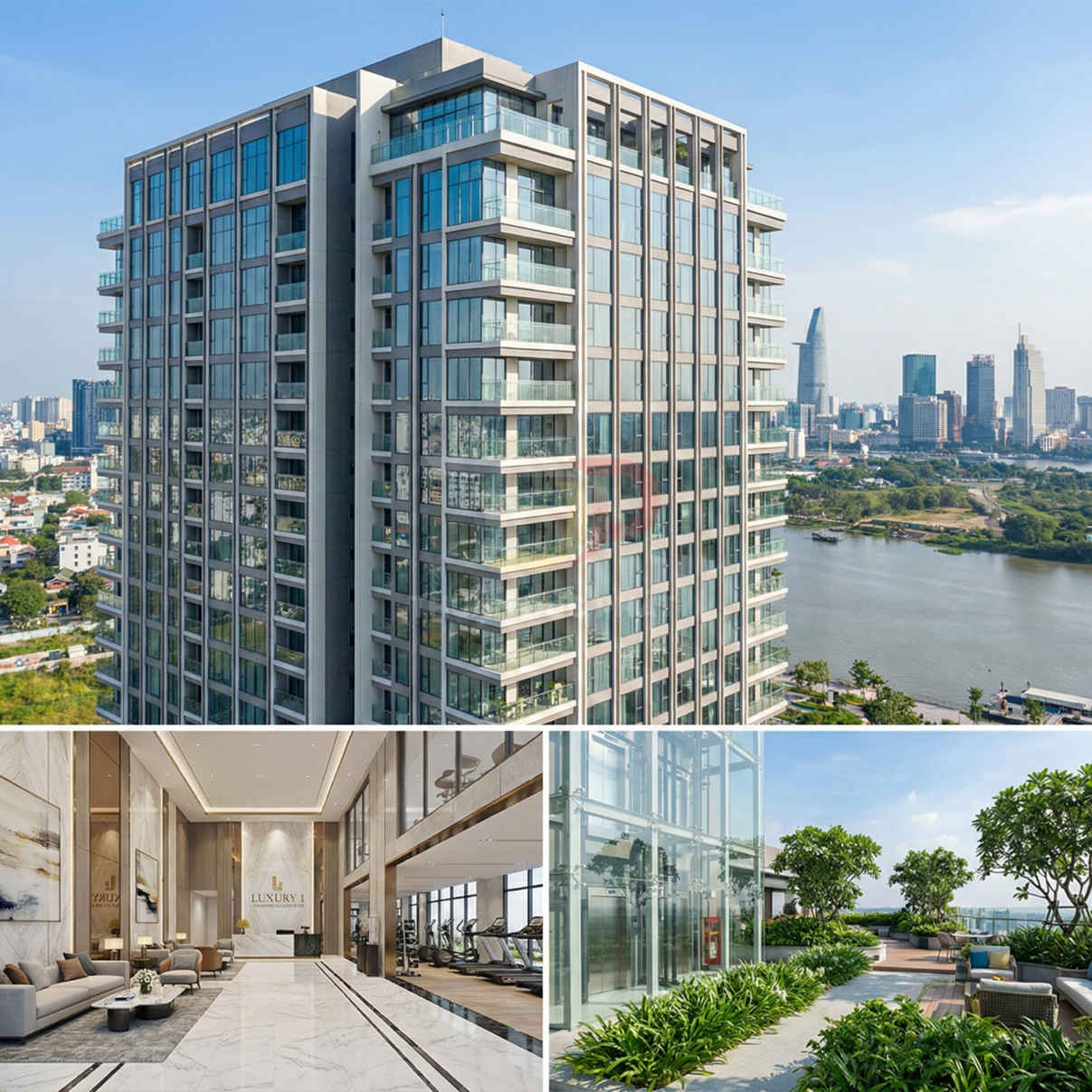 Căn hộ chung cư cao cấp với mặt kính lớn, sảnh sang trọng và khu sân vườn trên cao nhìn ra sông và thành phố