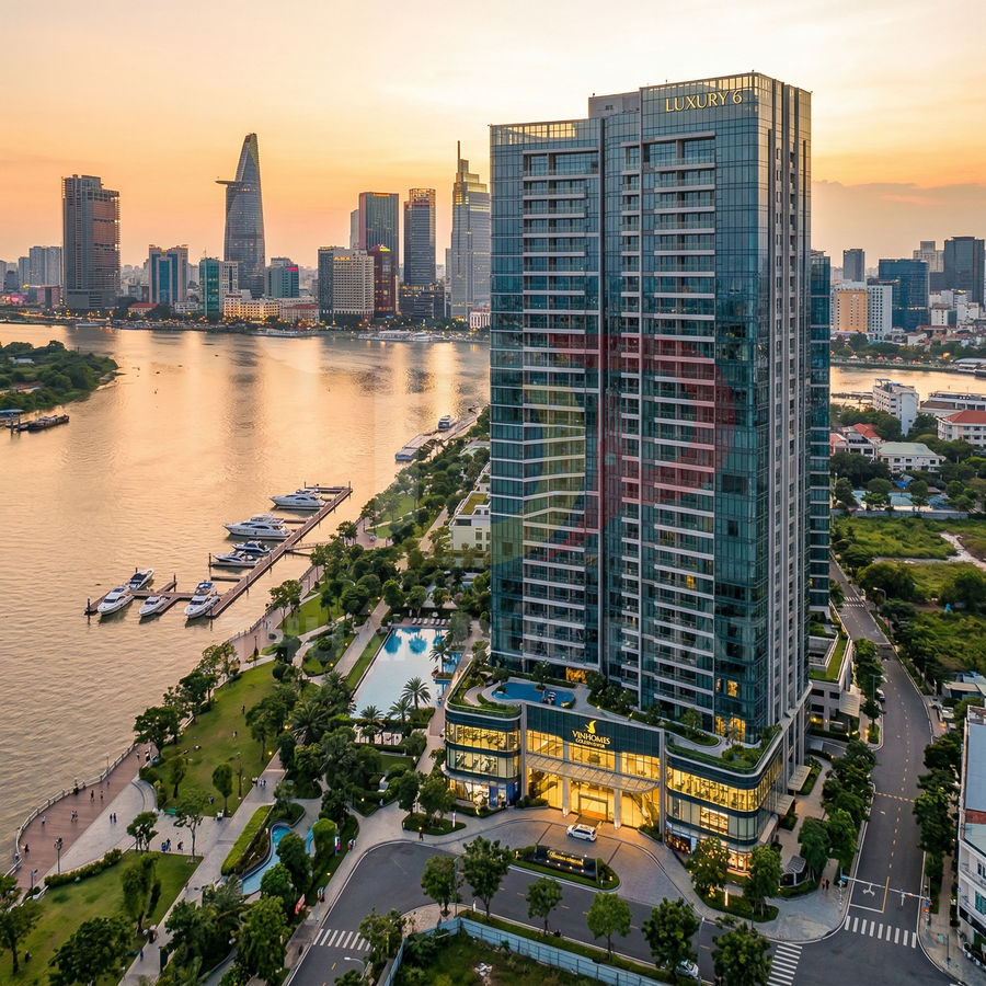 Tòa nhà căn hộ cao cấp Vinhomes bên sông với bến du thuyền và hồ bơi ngoài trời lúc hoàng hôn