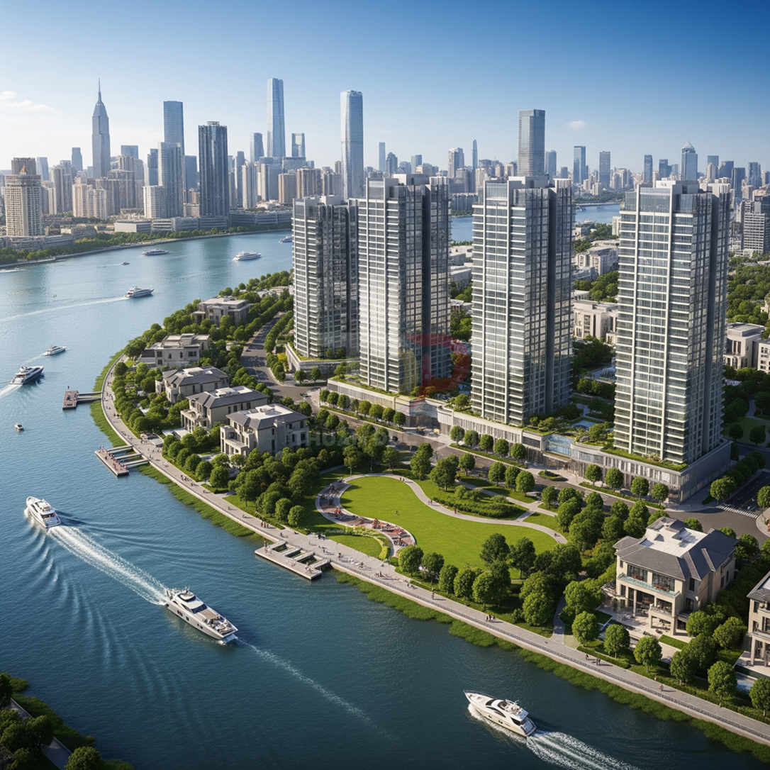 Khu căn hộ cao cấp ven sông với các tòa nhà cao tầng, công viên xanh và du thuyền trên mặt nước