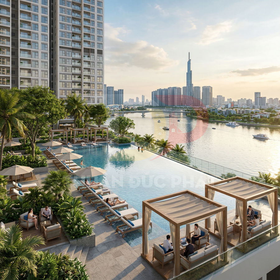Hồ bơi vô cực cao cấp tại căn hộ chung cư ven sông với ghế tắm nắng và khu lounge ngoài trời sang trọng