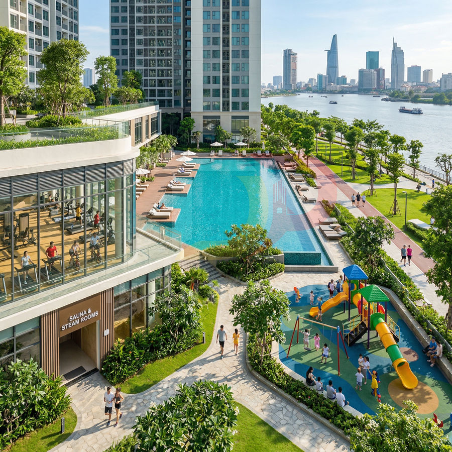 Khu căn hộ cao cấp ven sông với hồ bơi ngoài trời, phòng gym kính và sân chơi trẻ em nhiều màu sắc