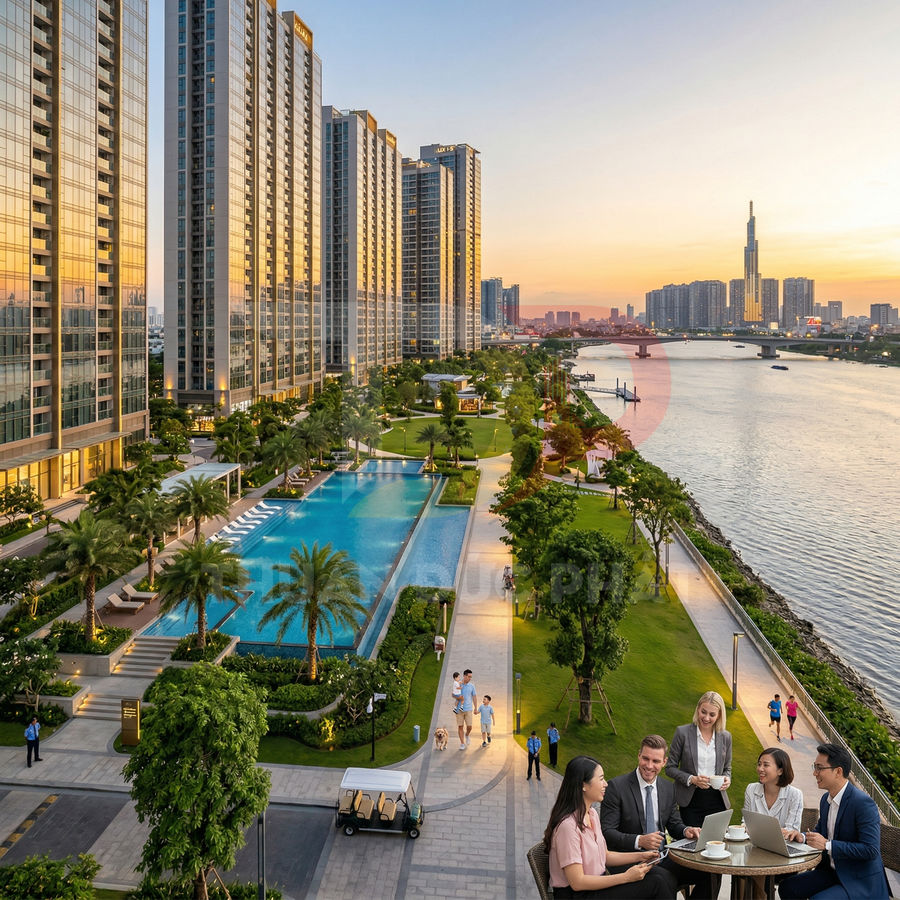 Khu căn hộ cao cấp ven sông với hồ bơi ngoài trời, công viên xanh và nhóm doanh nhân làm việc ngoài trời