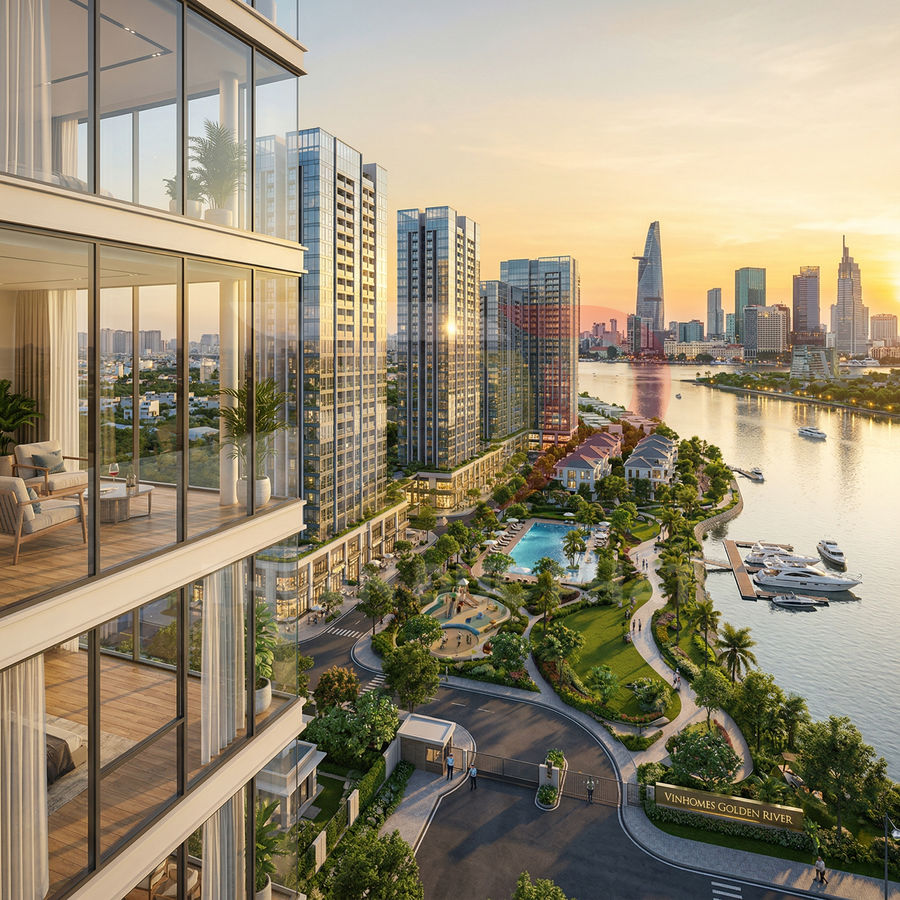 Căn hộ cao cấp Vinhomes Golden River view sông Sài Gòn với hồ bơi, bến du thuyền và công viên xanh