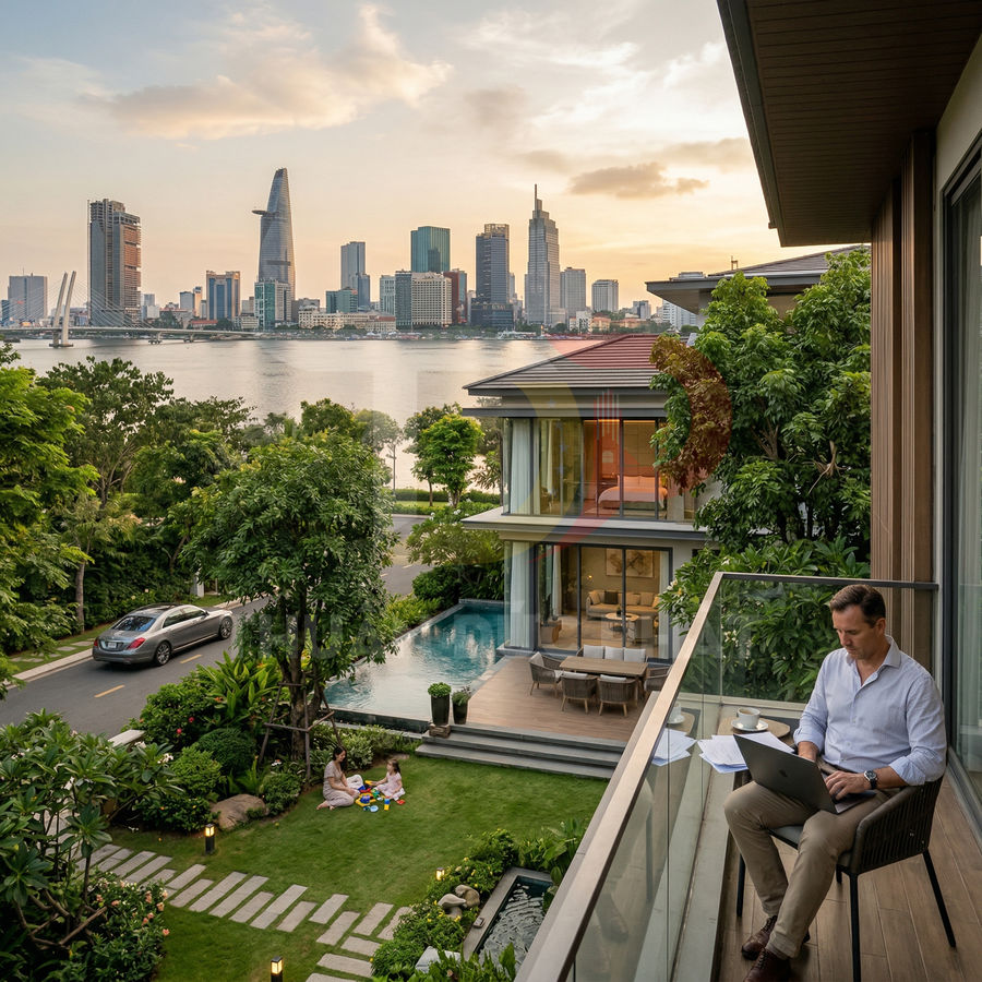 Biệt thự sân vườn ven sông với hồ bơi riêng và người đàn ông làm việc trên laptop ở ban công