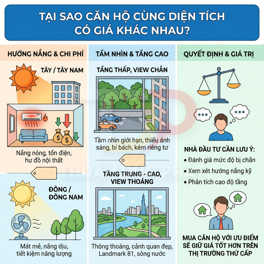 Infographic lý giải vì sao căn hộ cùng diện tích có giá khác nhau theo hướng nắng, tầm nhìn, tầng cao và giá trị đầu tư