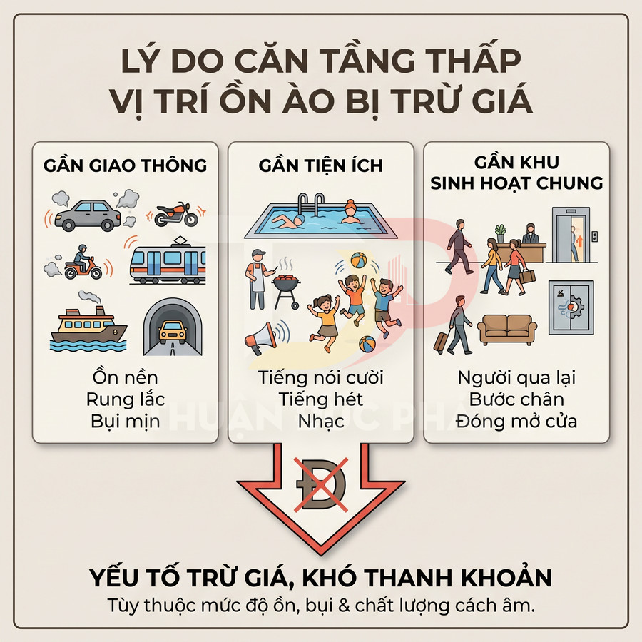 Infographic lý do căn hộ vị trí ồn ào gần giao thông, tiện ích, khu sinh hoạt chung dễ bị trừ giá khó thanh khoản